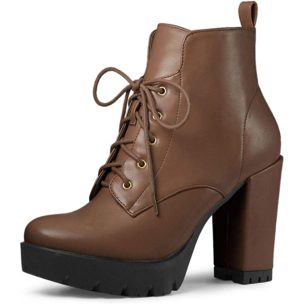 imageAllegra K Womens Round Toe Chunky Heel Lace Up Platform BootsBrown