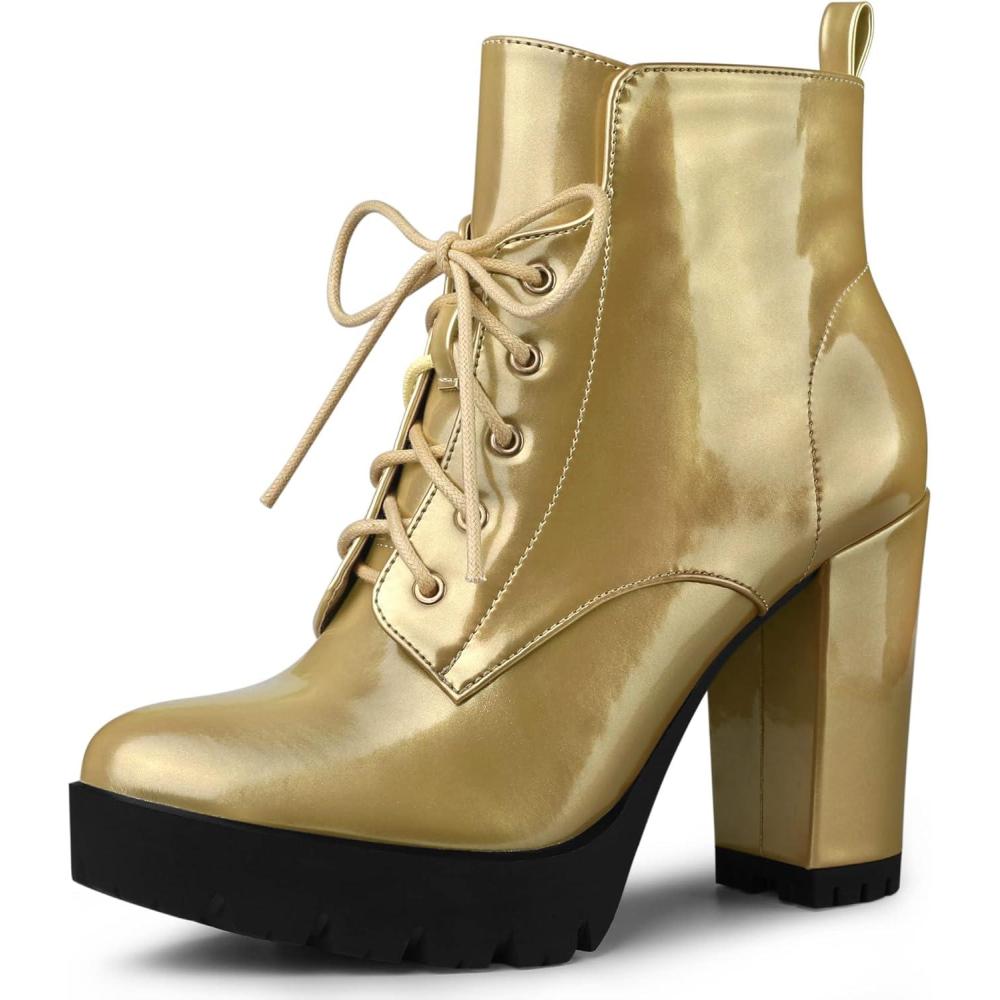 imageAllegra K Womens Round Toe Chunky Heel Lace Up Platform BootsGold