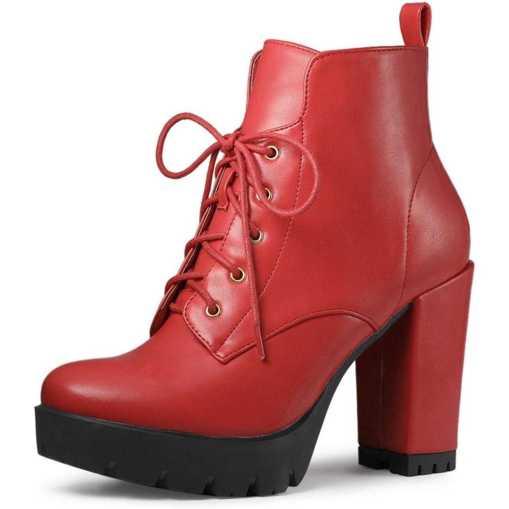imageAllegra K Womens Round Toe Chunky Heel Lace Up Platform BootsRed