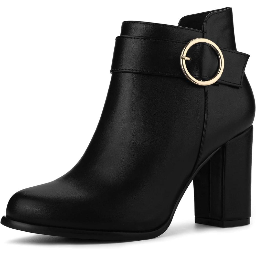 imageAllegra K Womens Round Toe Circle Buckle Chunky Heels Ankle BootsBlack