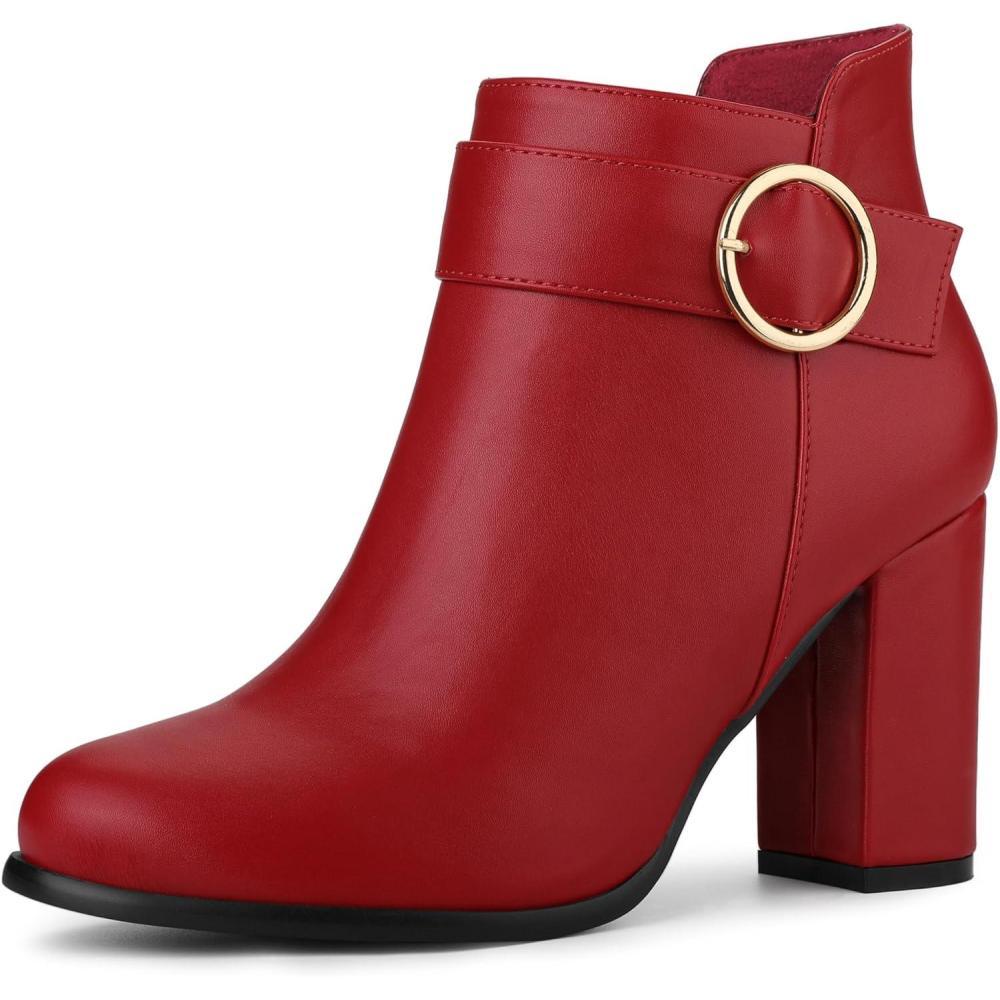 imageAllegra K Womens Round Toe Circle Buckle Chunky Heels Ankle BootsRed