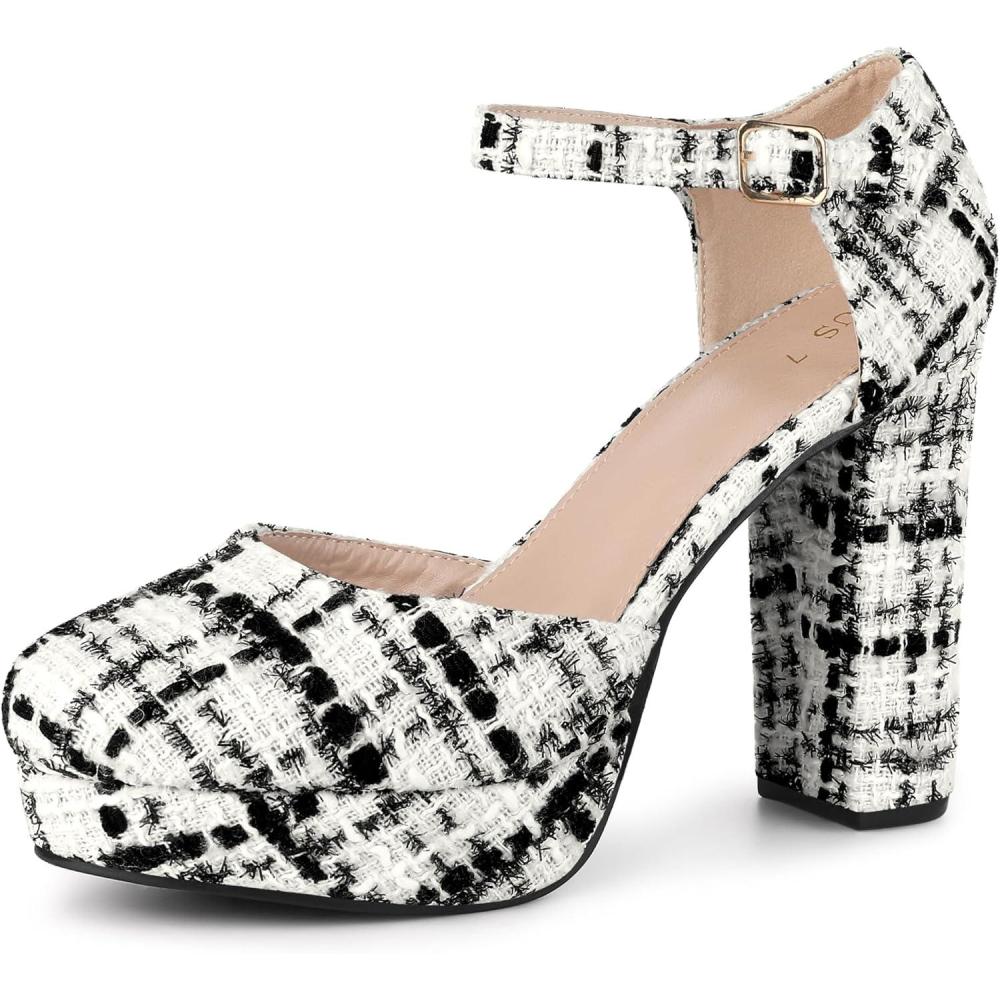 imageAllegra K Womens Round Toe Platform Tweed Chunky Heels PumpsBlack White