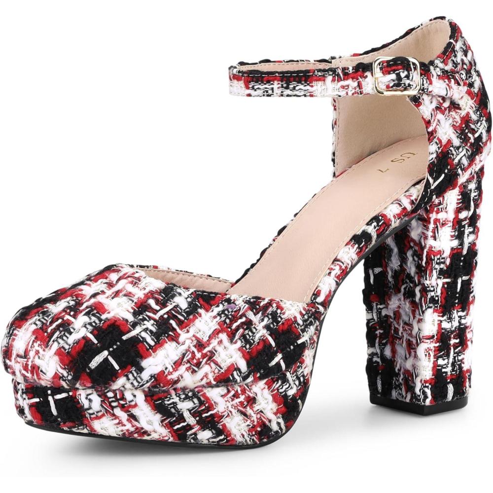 imageAllegra K Womens Round Toe Platform Tweed Chunky Heels PumpsRed Black