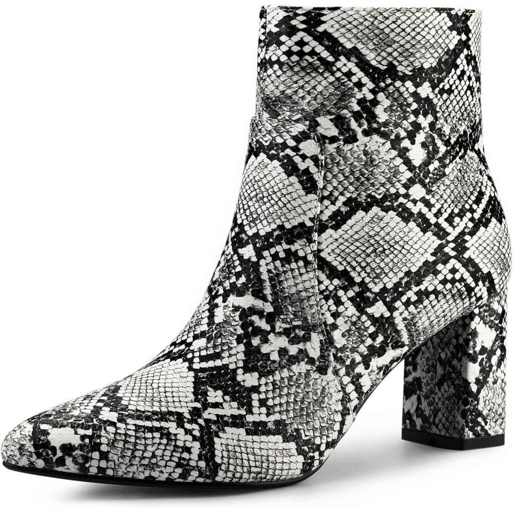 imageAllegra K Womens Snakeskin Print Boots Halloween Costumes Chunky High Heels Ankle BootsBlack White