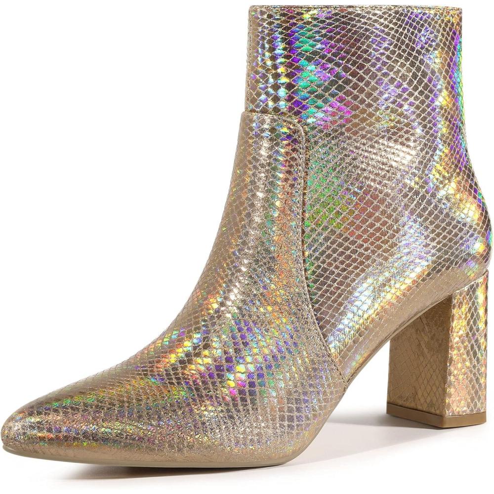 imageAllegra K Womens Snakeskin Print Boots Halloween Costumes Chunky High Heels Ankle BootsRose Gold