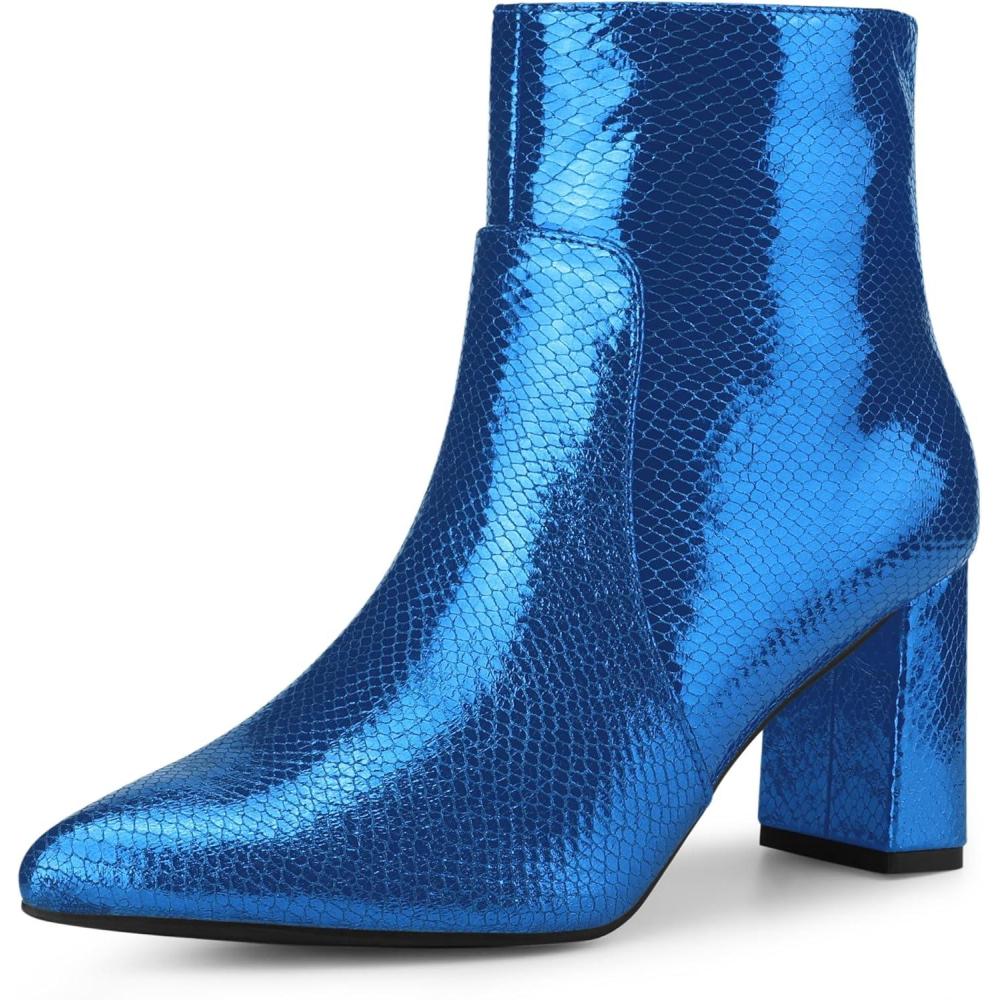 imageAllegra K Womens Snakeskin Print Boots Halloween Costumes Chunky High Heels Ankle BootsRoyal Blue
