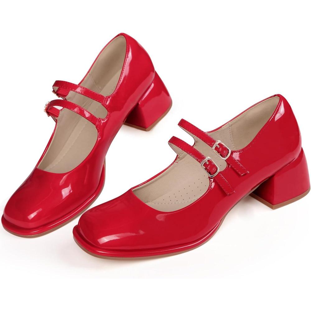 imageAllegra K Womens Square Toe Ankle Strap Block Heels Mary Janes Pumps ShoesRed
