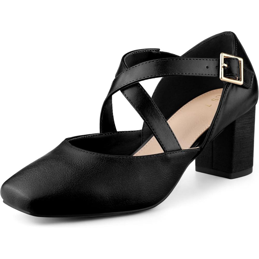 imageAllegra K Womens Square Toe Mary Jane Chunky Heels Dress ShoesBlack