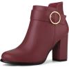 imageAllegra K Womens Round Toe Circle Buckle Chunky Heels Ankle BootsBurgundy