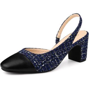imageAllegra K Slingback Cap Toe Christmas Plaid Chunky Heel Pumps for WomenNavy Blue