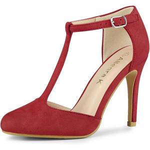 imageAllegra K Women Rounded Toe Stiletto Heel TStrap Dress Red Pumps  65 M US