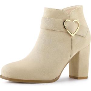 imageAllegra K Womens Buckle Side Zip Chunky Heels Ankle BootsBeige