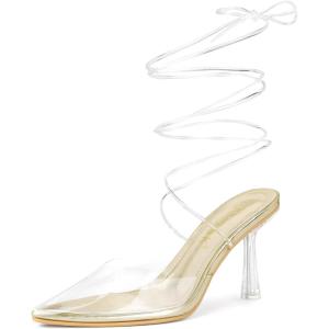 imageAllegra K Womens Clear Heels Lace Up Strappy Stiletto Transparent Heel SandalsGold
