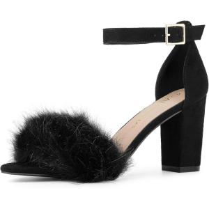 imageAllegra K Womens Faux Fur Ankle Strap Block Heels SandalsBlack