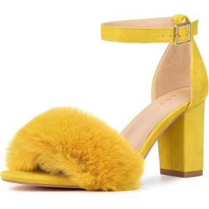 imageAllegra K Womens Faux Fur Ankle Strap Block Heels SandalsYellow