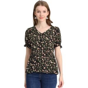 imageAllegra K Womens Floral Peasant Peplum Top Ruffle Hem Short Sleeve VNeck Summer BlouseBlack