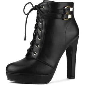imageAllegra K Womens Lace Up Strap Platform Block Heels Ankle BootsBlack