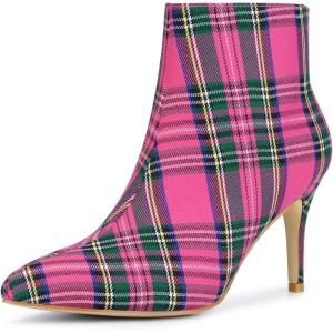 imageAllegra K Womens Plaid Pointed Toe Side Zip Stiletto Heel Ankle BootsHot Pink
