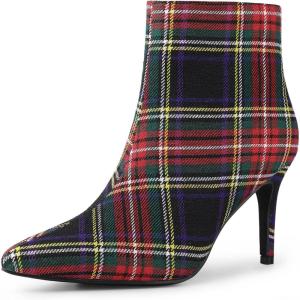 imageAllegra K Womens Plaid Pointed Toe Side Zip Stiletto Heel Ankle BootsRed Green