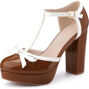 imageAllegra K Womens Platform Bow t Strap Chunky Heels PumpsBrown