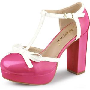 imageAllegra K Womens Platform Bow t Strap Chunky Heels PumpsHot Pink