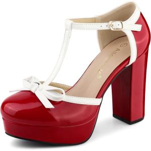 imageAllegra K Womens Platform Bow t Strap Chunky Heels PumpsRed