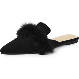 imageAllegra K Womens Pointed Toe Faux Fur Slip on Flat Slide MulesBlack