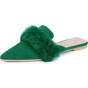 imageAllegra K Womens Pointed Toe Faux Fur Slip on Flat Slide MulesGreen