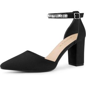 imageAllegra K Womens Pointed Toe Rhinestone Ankle Strap Chunky Heels PumpsBlack