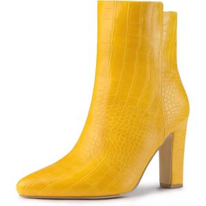 imageAllegra K Womens Printed Pointed Toe Chunky Heels Ankle BootsYellow