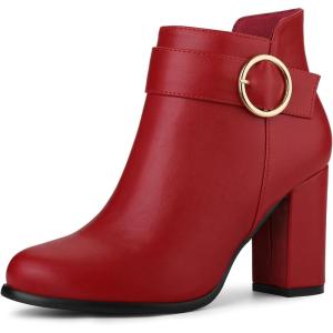 imageAllegra K Womens Round Toe Circle Buckle Chunky Heels Ankle BootsRed