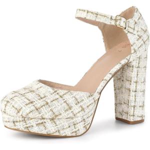 imageAllegra K Womens Round Toe Platform Tweed Chunky Heels PumpsWhite Gold