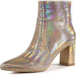 imageAllegra K Womens Snakeskin Print Boots Halloween Costumes Chunky High Heels Ankle BootsRose Gold