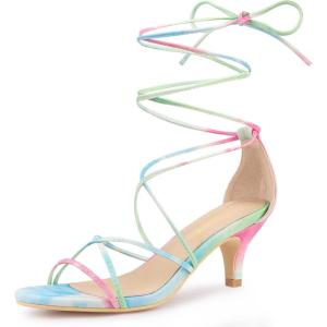 imageAllegra K Womens Strappy Tie Dye Heels Lace Up Kitten Heel SandalsGreen Pink