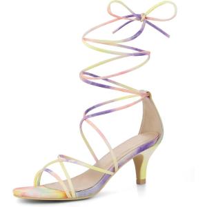 imageAllegra K Womens Strappy Tie Dye Heels Lace Up Kitten Heel SandalsYellow