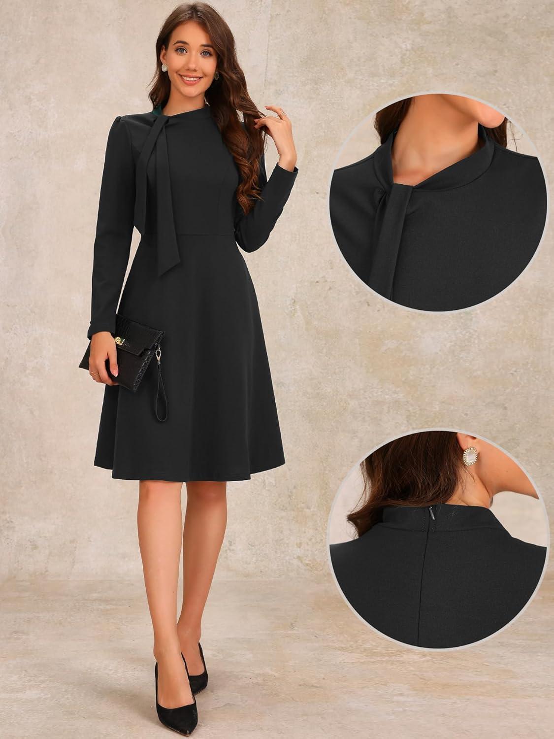 imageAllegra K 2024 Fall Long Sleeve Dress for Womens Collar Tie Mock Neck a Line Elegant Midi DressesBlack