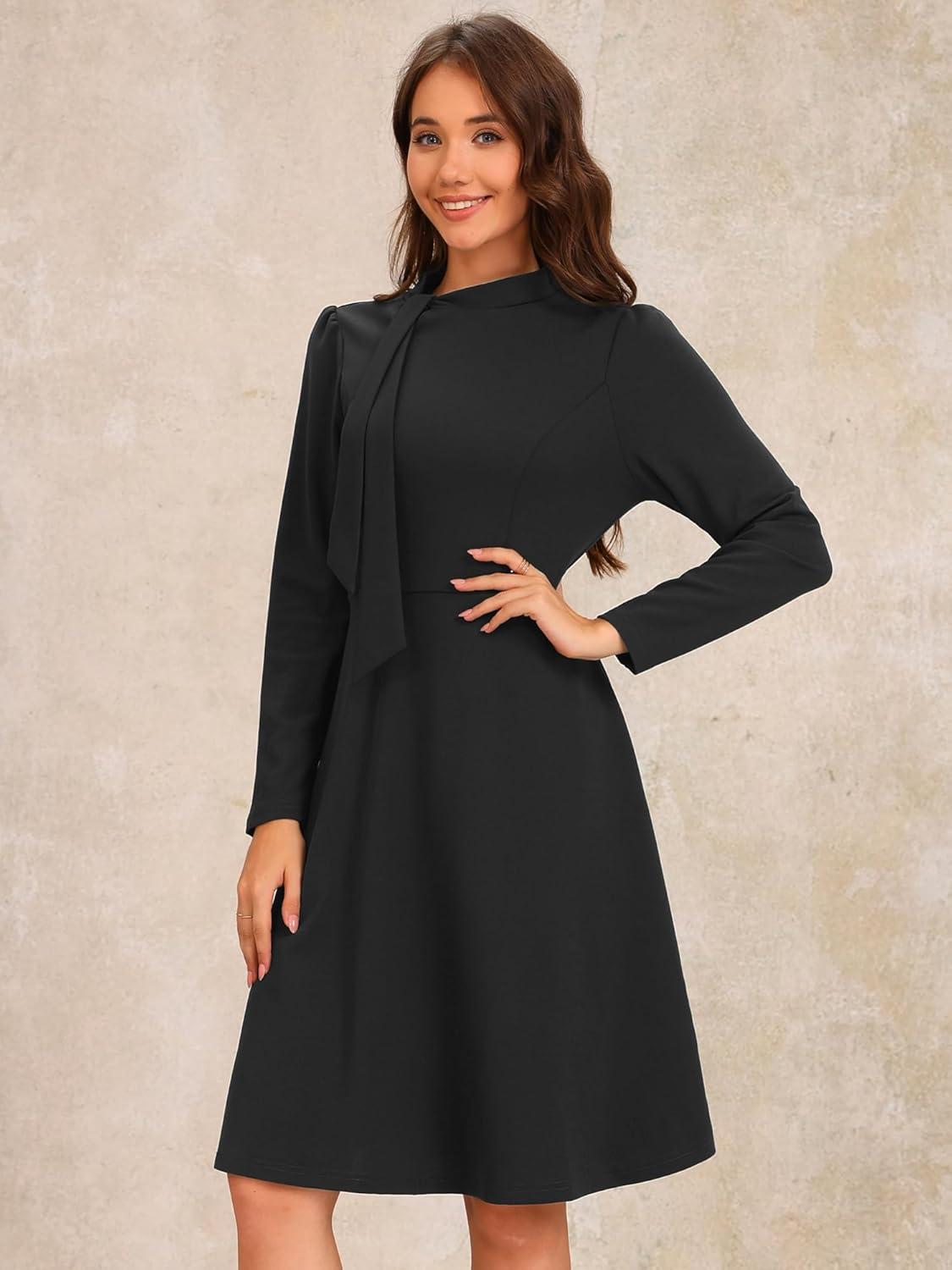 imageAllegra K 2024 Fall Long Sleeve Dress for Womens Collar Tie Mock Neck a Line Elegant Midi DressesBlack