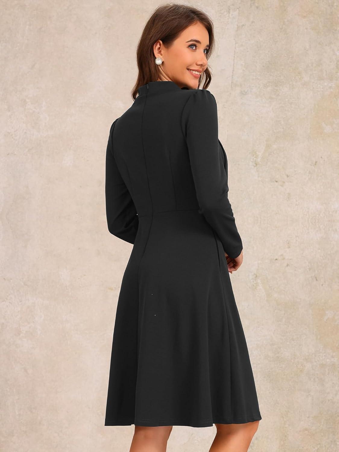 imageAllegra K 2024 Fall Long Sleeve Dress for Womens Collar Tie Mock Neck a Line Elegant Midi DressesBlack