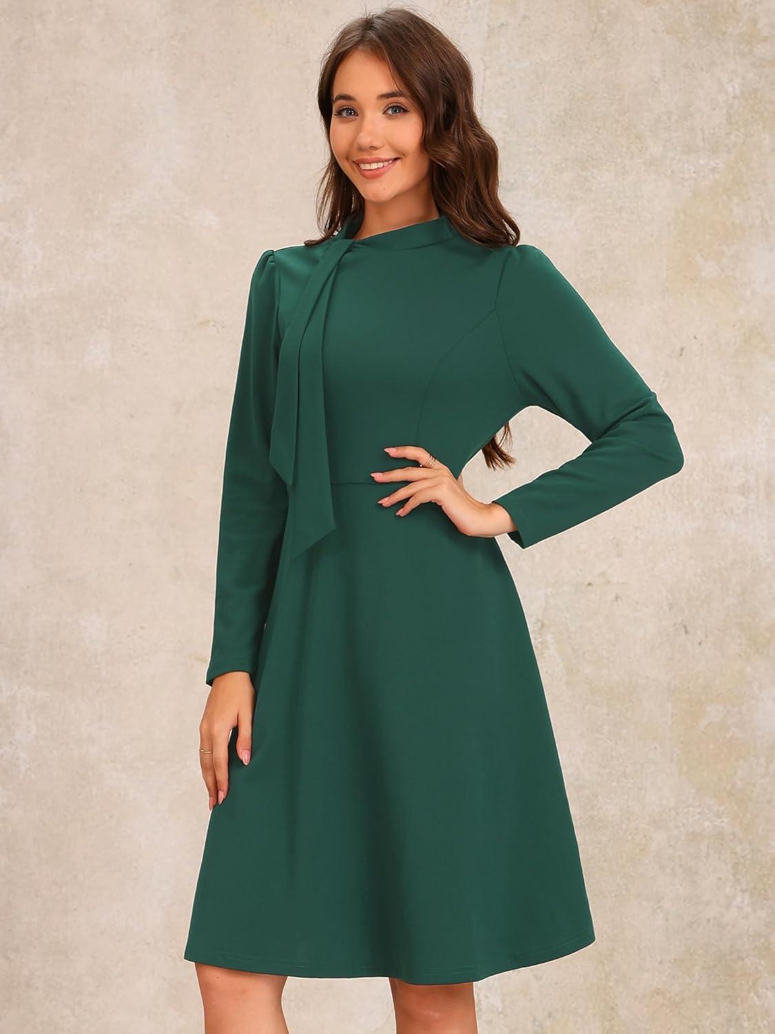 imageAllegra K 2024 Fall Long Sleeve Dress for Womens Collar Tie Mock Neck a Line Elegant Midi DressesDark Green