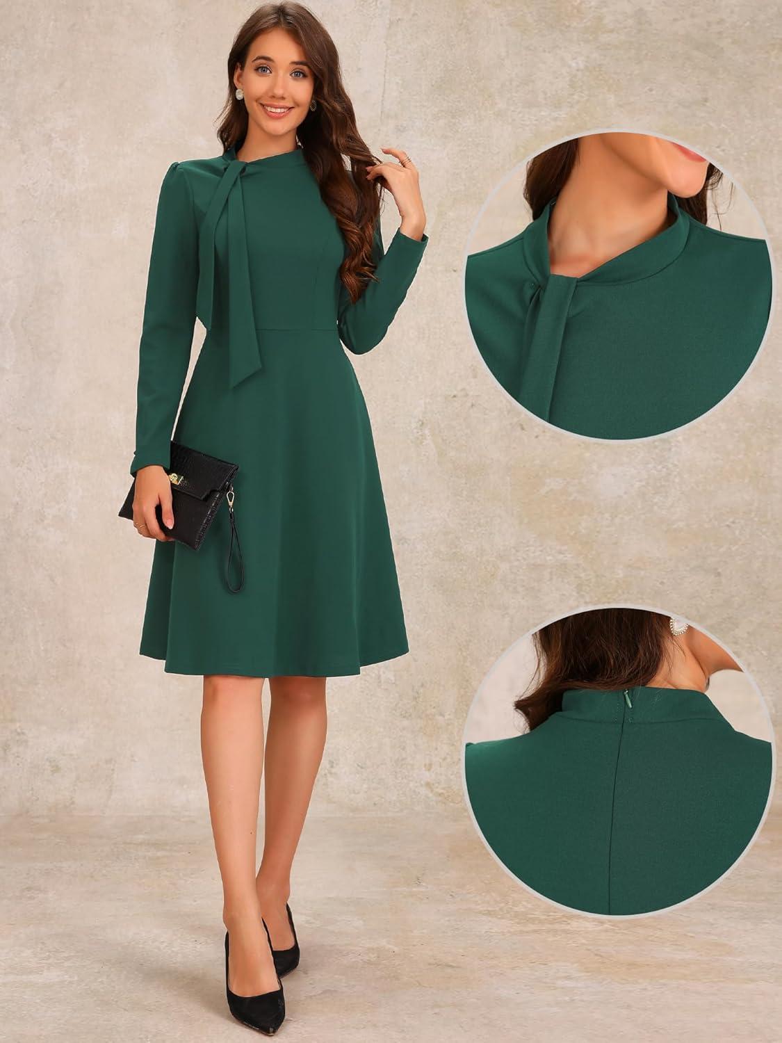 imageAllegra K 2024 Fall Long Sleeve Dress for Womens Collar Tie Mock Neck a Line Elegant Midi DressesDark Green