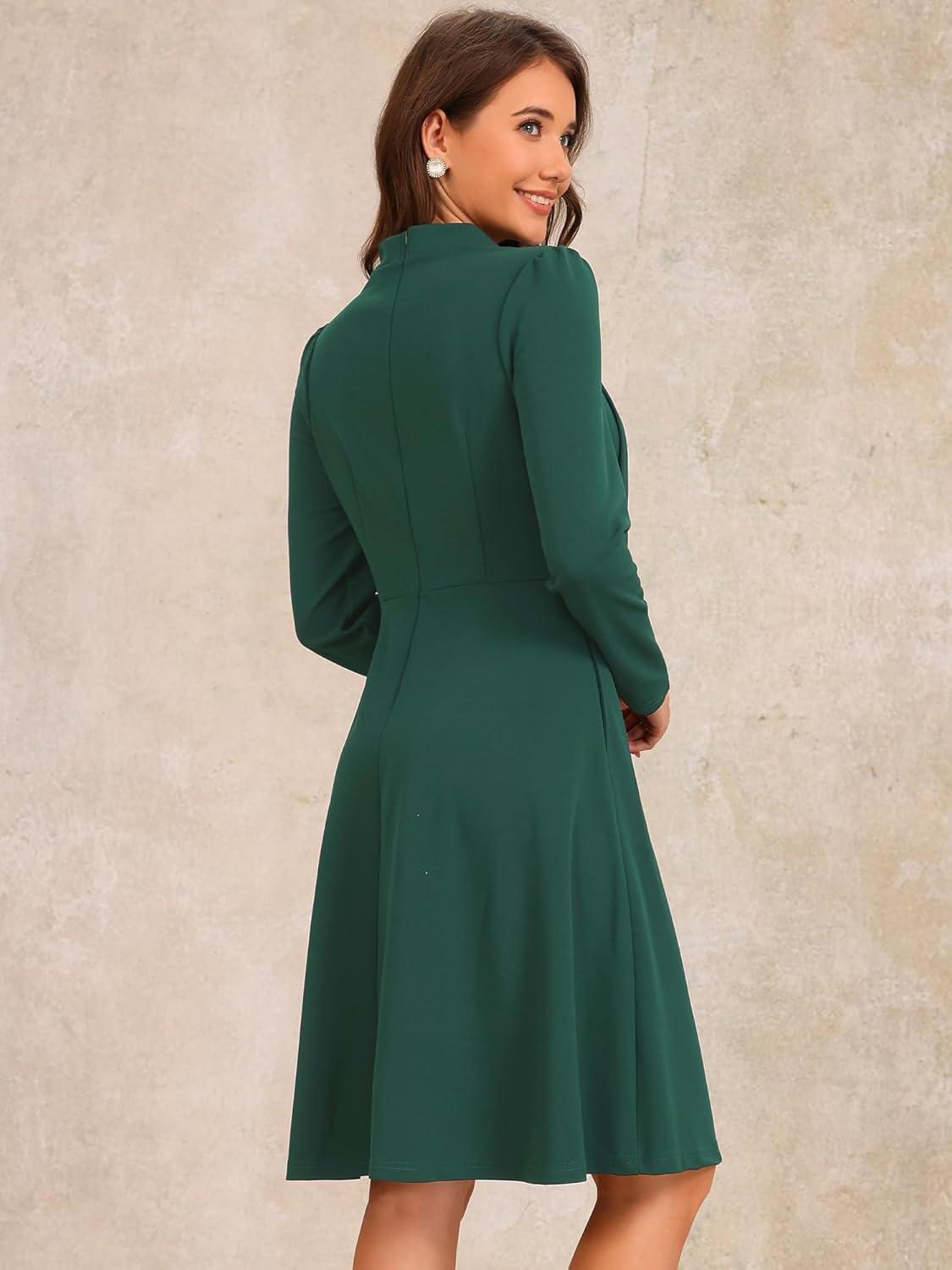 imageAllegra K 2024 Fall Long Sleeve Dress for Womens Collar Tie Mock Neck a Line Elegant Midi DressesDark Green
