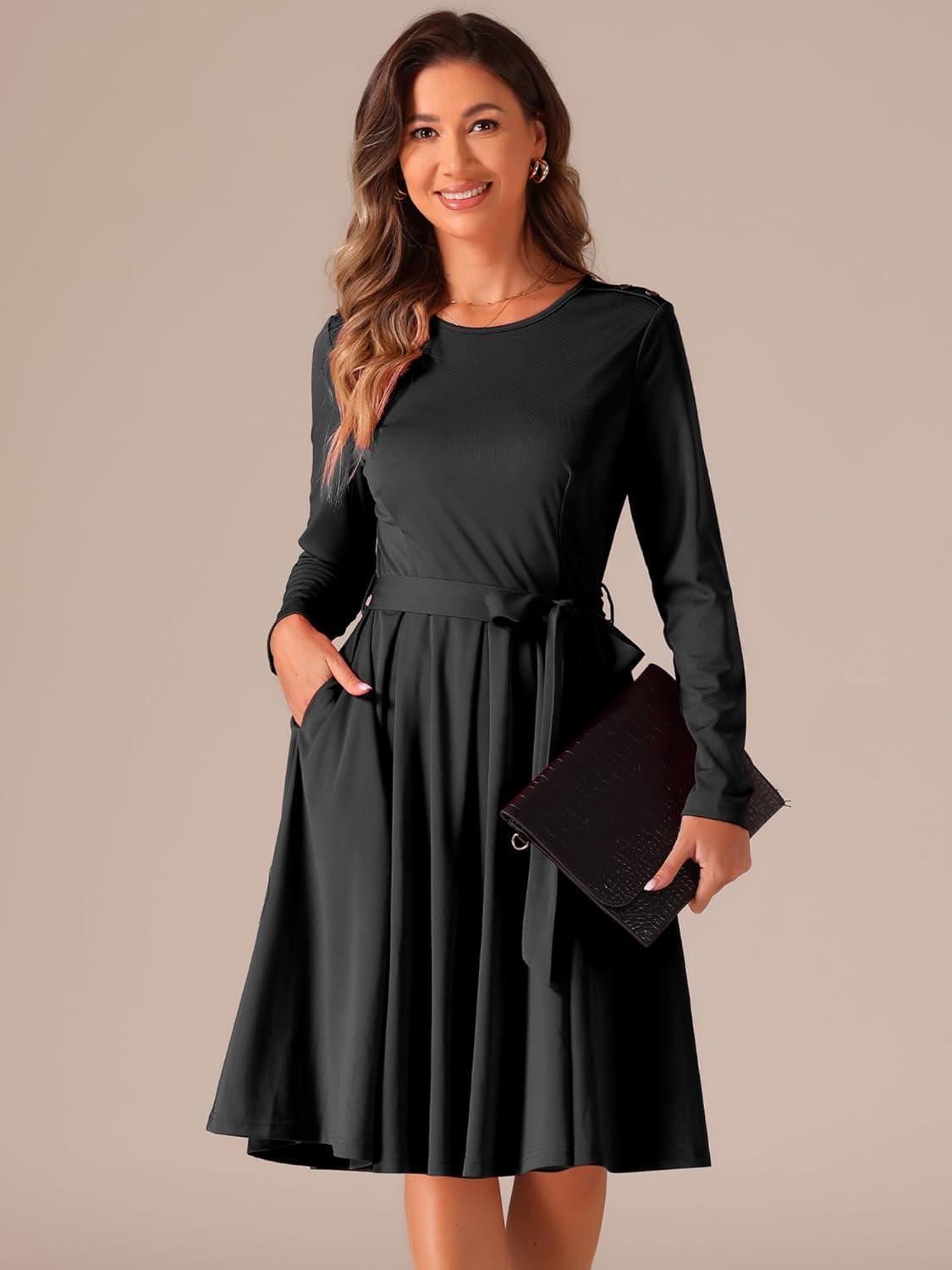 imageAllegra K A Line Dresses for Women 2024 Long Sleeve Tie Waist Pleated Business Casual Dress with PocketsBlack