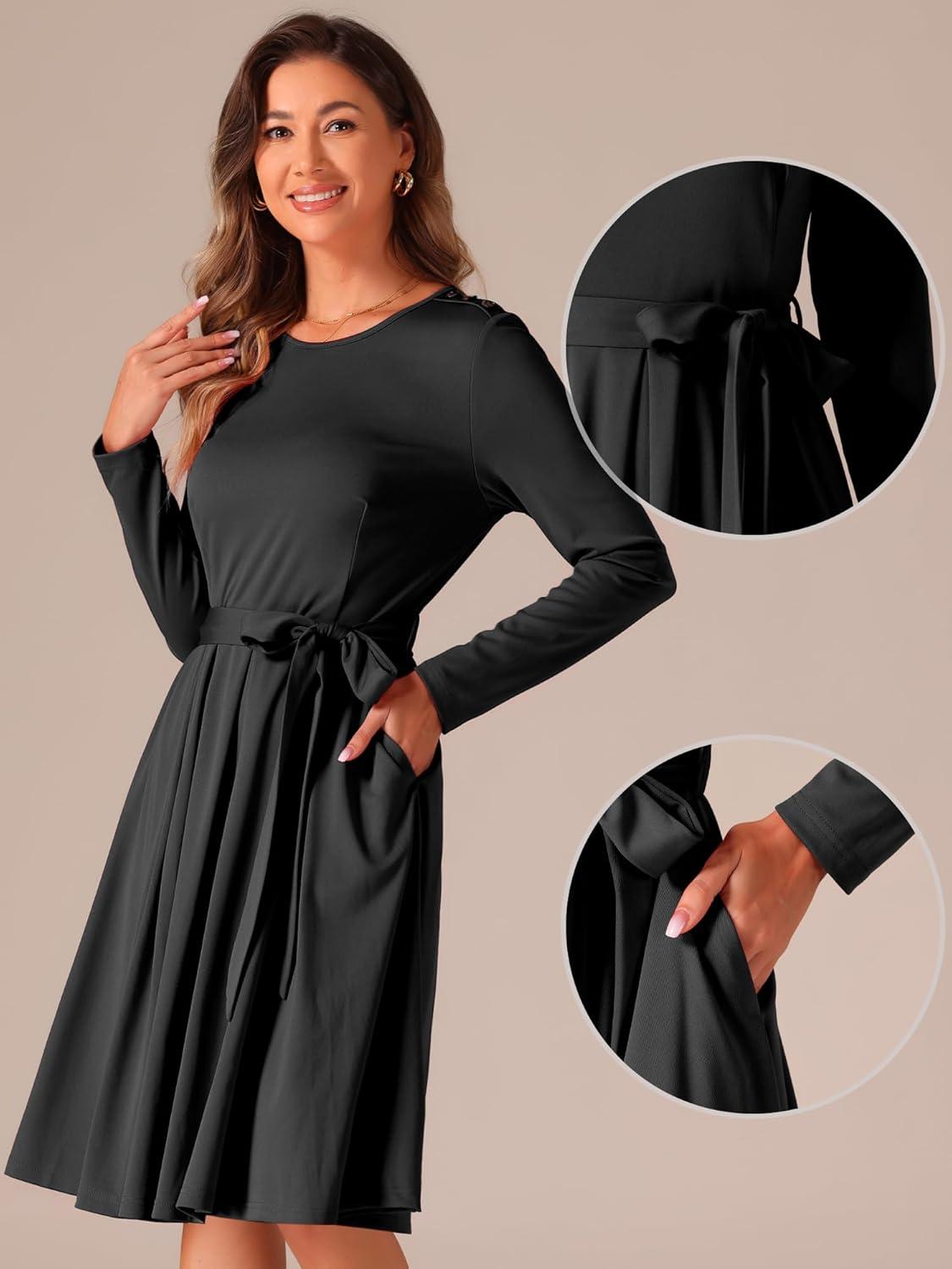 imageAllegra K A Line Dresses for Women 2024 Long Sleeve Tie Waist Pleated Business Casual Dress with PocketsBlack