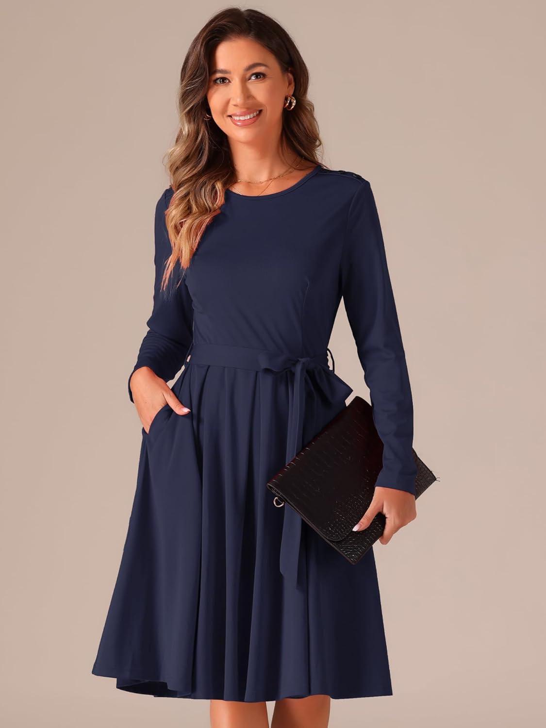 imageAllegra K A Line Dresses for Women 2024 Long Sleeve Tie Waist Pleated Business Casual Dress with PocketsDark Blue