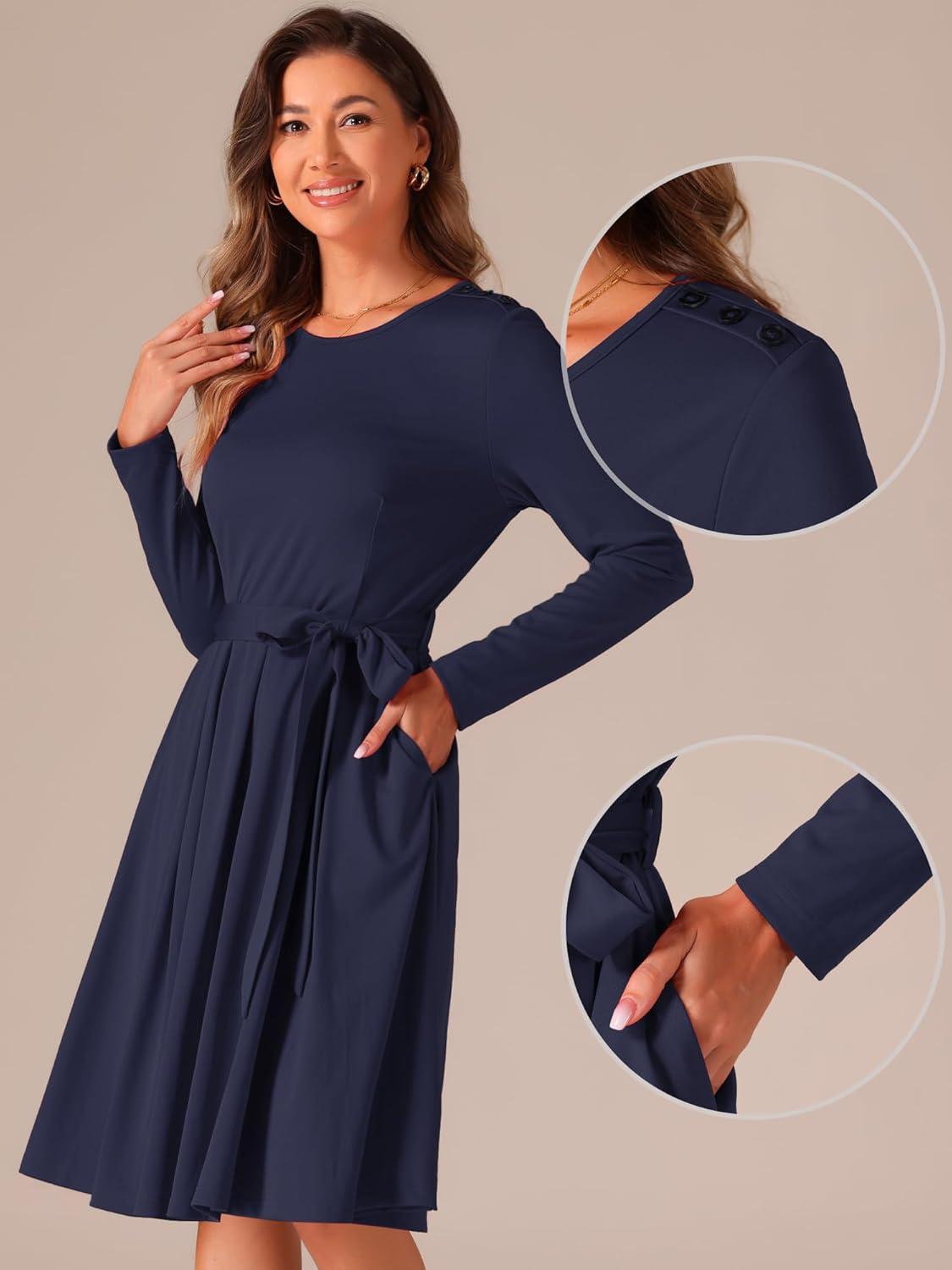 imageAllegra K A Line Dresses for Women 2024 Long Sleeve Tie Waist Pleated Business Casual Dress with PocketsDark Blue