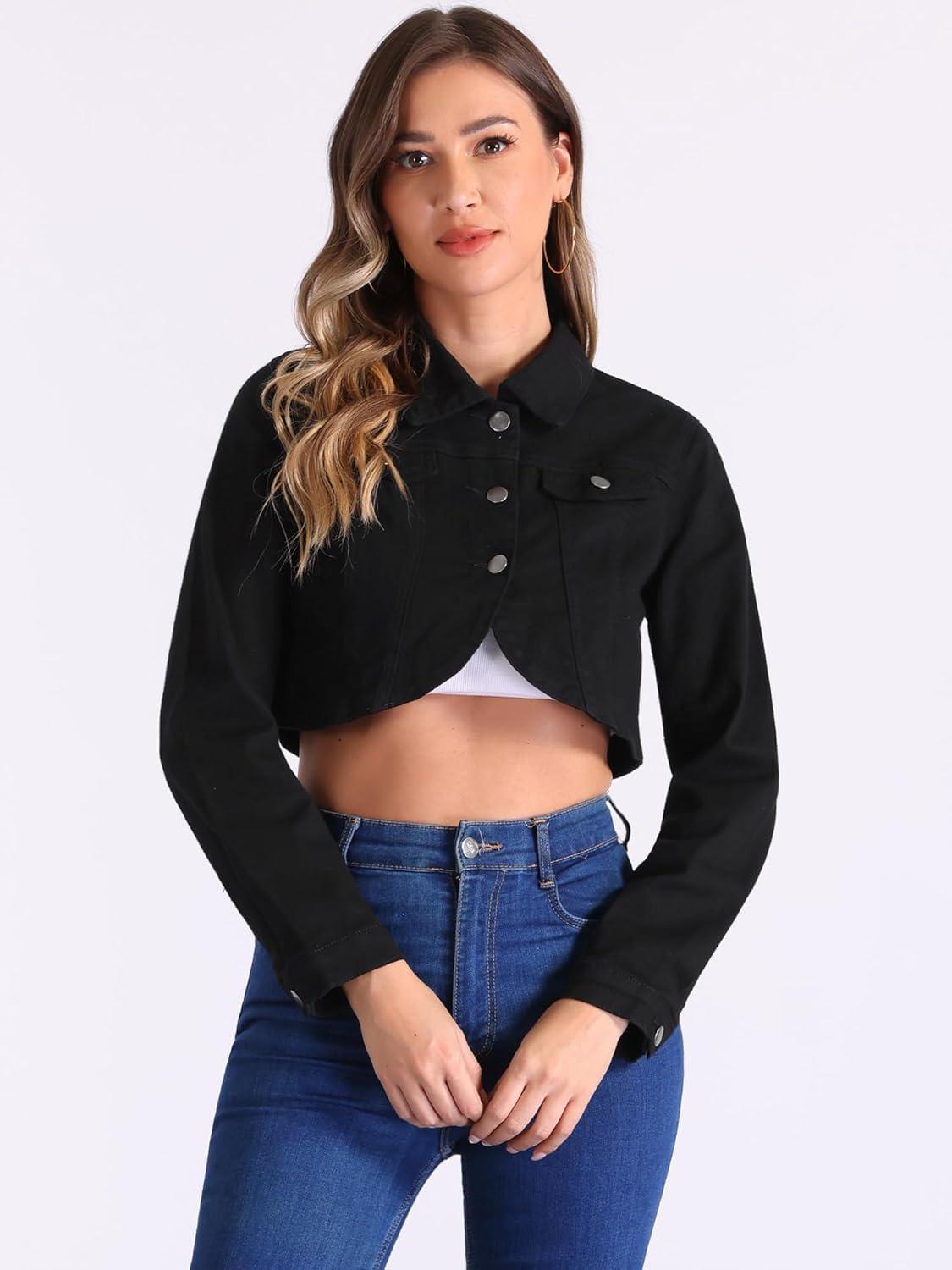 imageAllegra K Denim Jacket for Womens 2025 Casual Collared Long Sleeve Crop Jean JacketsBlack