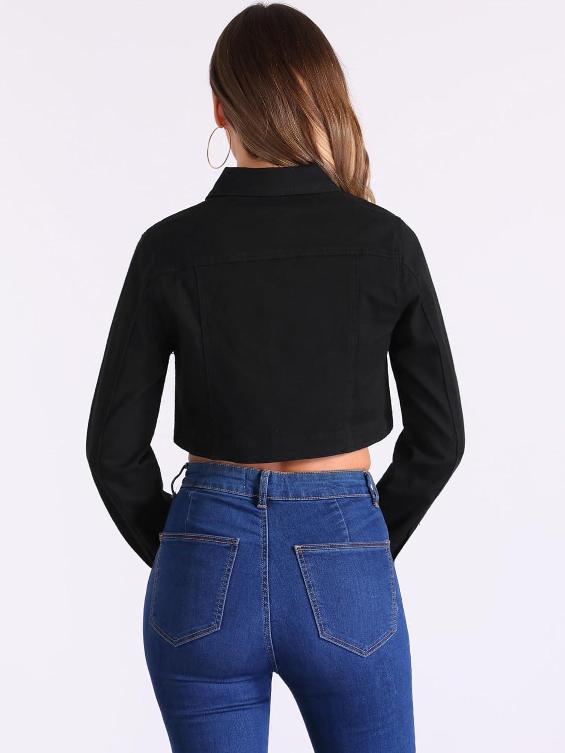 imageAllegra K Denim Jacket for Womens 2025 Casual Collared Long Sleeve Crop Jean JacketsBlack
