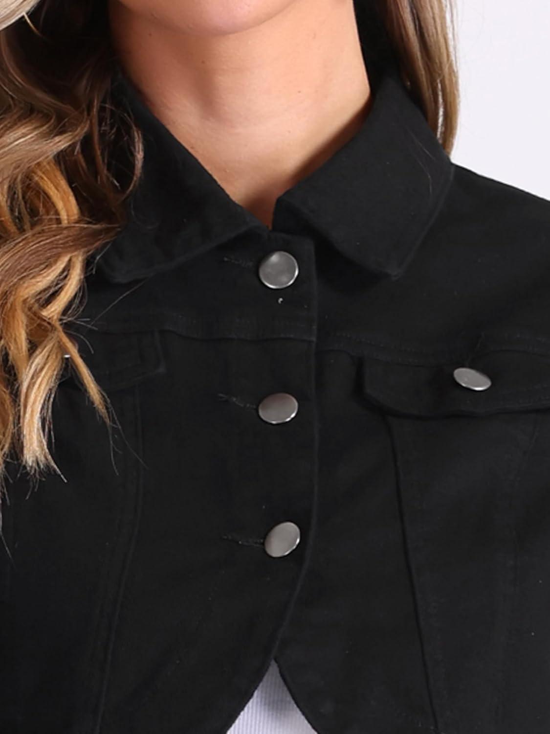 imageAllegra K Denim Jacket for Womens 2025 Casual Collared Long Sleeve Crop Jean JacketsBlack