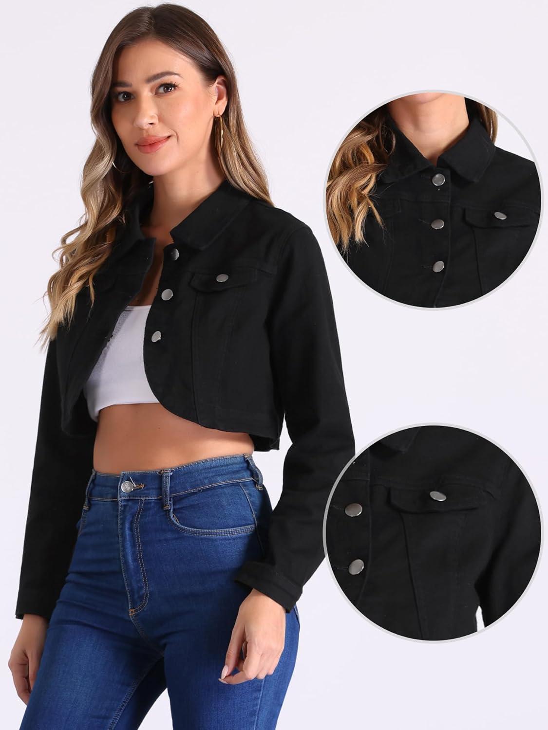 imageAllegra K Denim Jacket for Womens 2025 Casual Collared Long Sleeve Crop Jean JacketsBlack