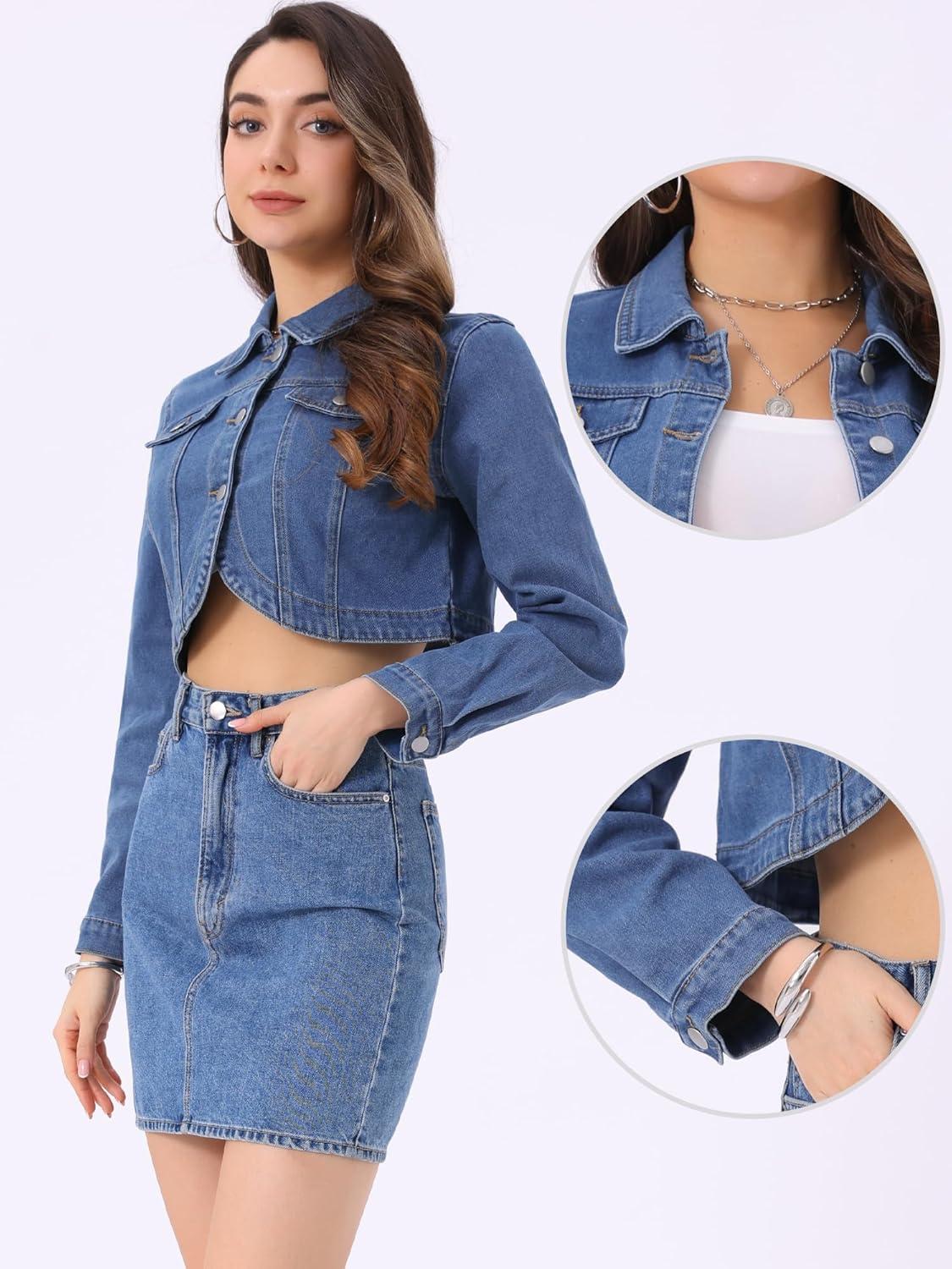 imageAllegra K Denim Jacket for Womens 2025 Casual Collared Long Sleeve Crop Jean JacketsBlue